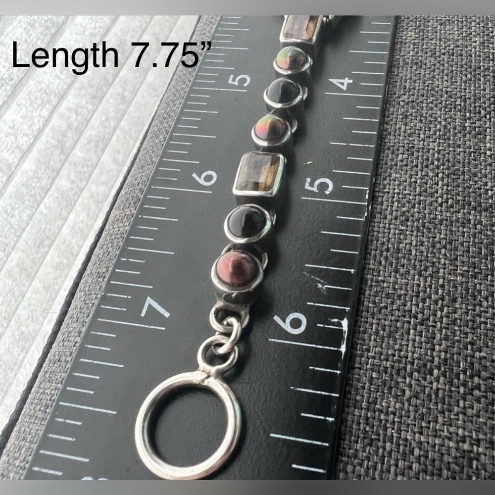 Vintage Peyote Bird Smoky Quartz Navajo Pearl Black Onyx & Silver Watch Bracelet - Picture 16 of 17